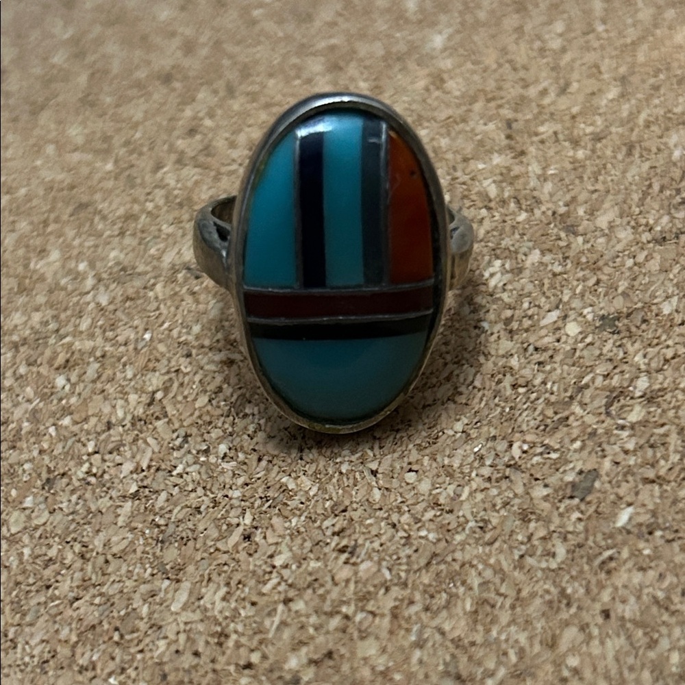 Silver Turquoise and Orange Inlay Ring